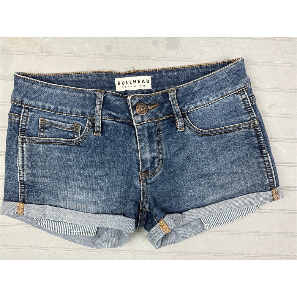 Bullhead Denim Size 1 Womens Shorts Jeans Low Rise Med Wash Stretch Cuff Hem